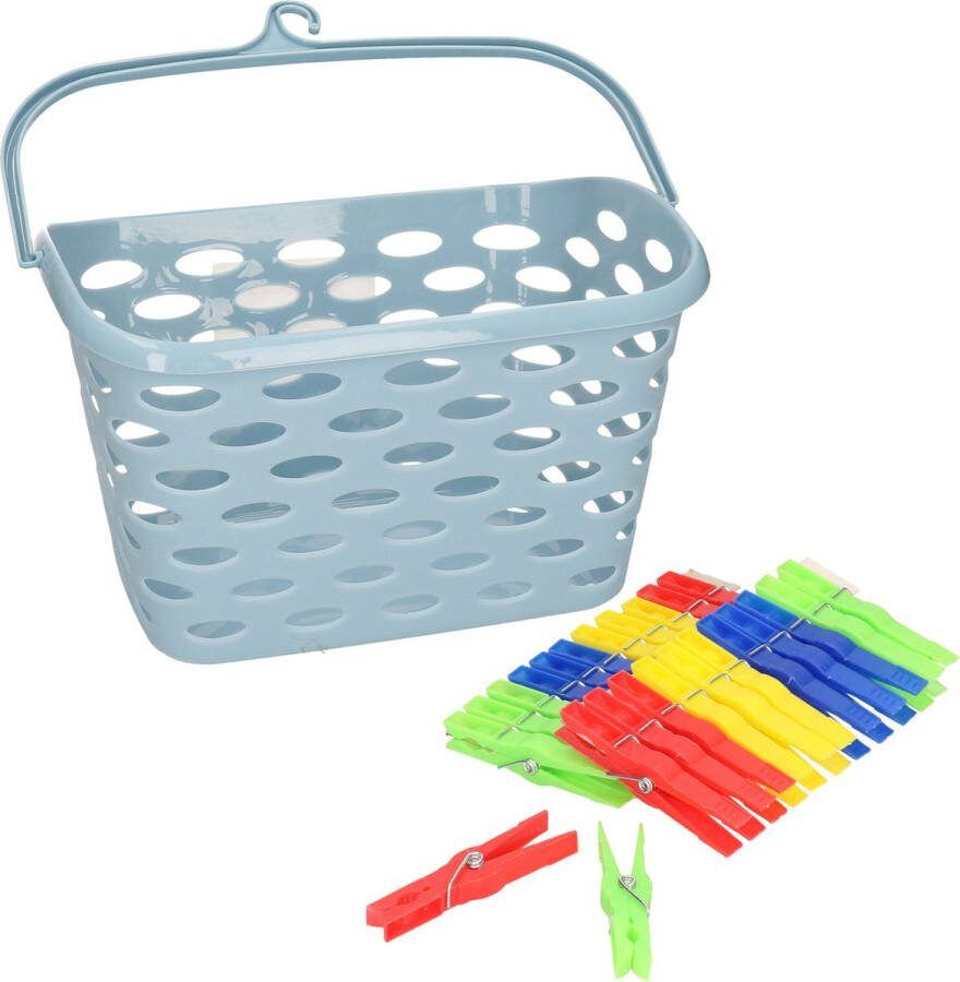 Forte Plastics Plasticforte Wasknijpers ophang mandje bakje ijsblauw met 72x plastic knijpers knijperszakken