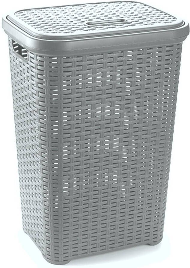 Forte Plastics Grote rotan wasmand opbergmand met deksel 60 liter in kleur lichtgrijs Kunststof L35 x B43 x H62 cm Wasmanden