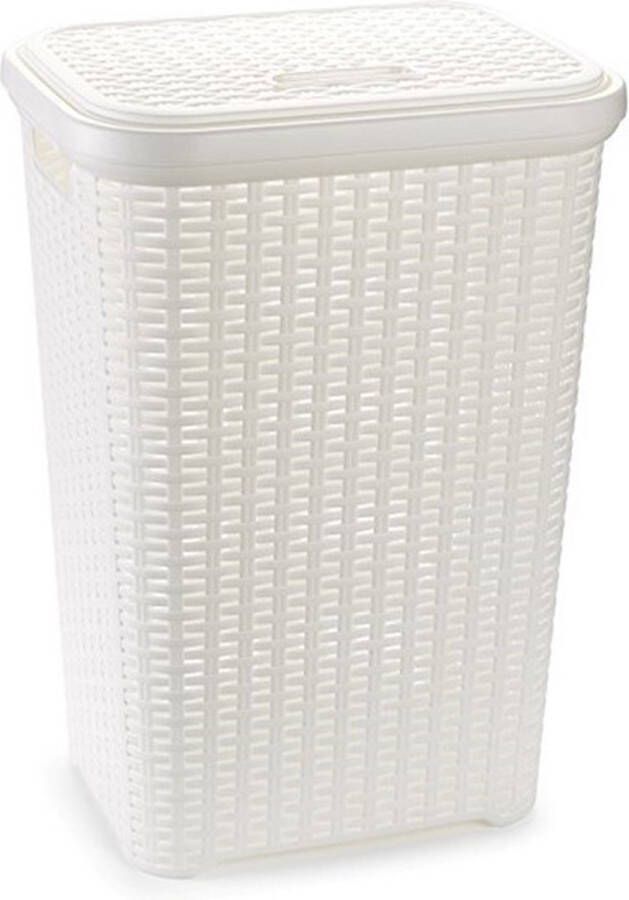 Forte Plastics Grote rotan wasmand opbergmand met deksel 60 liter in kleur wit Kunststof L35 x B43 x H62 cm Wasmanden