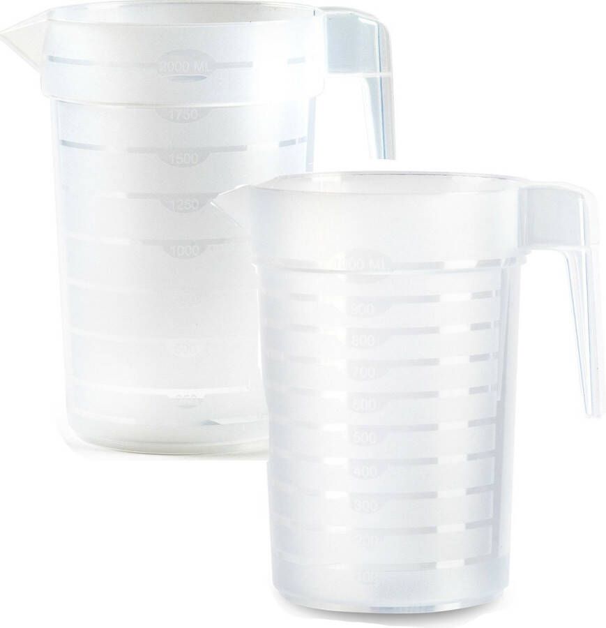 PLASTICFORTE Waterkan schenkkan met deksel set van 2x 1 en 2 liter transparant kunststof
