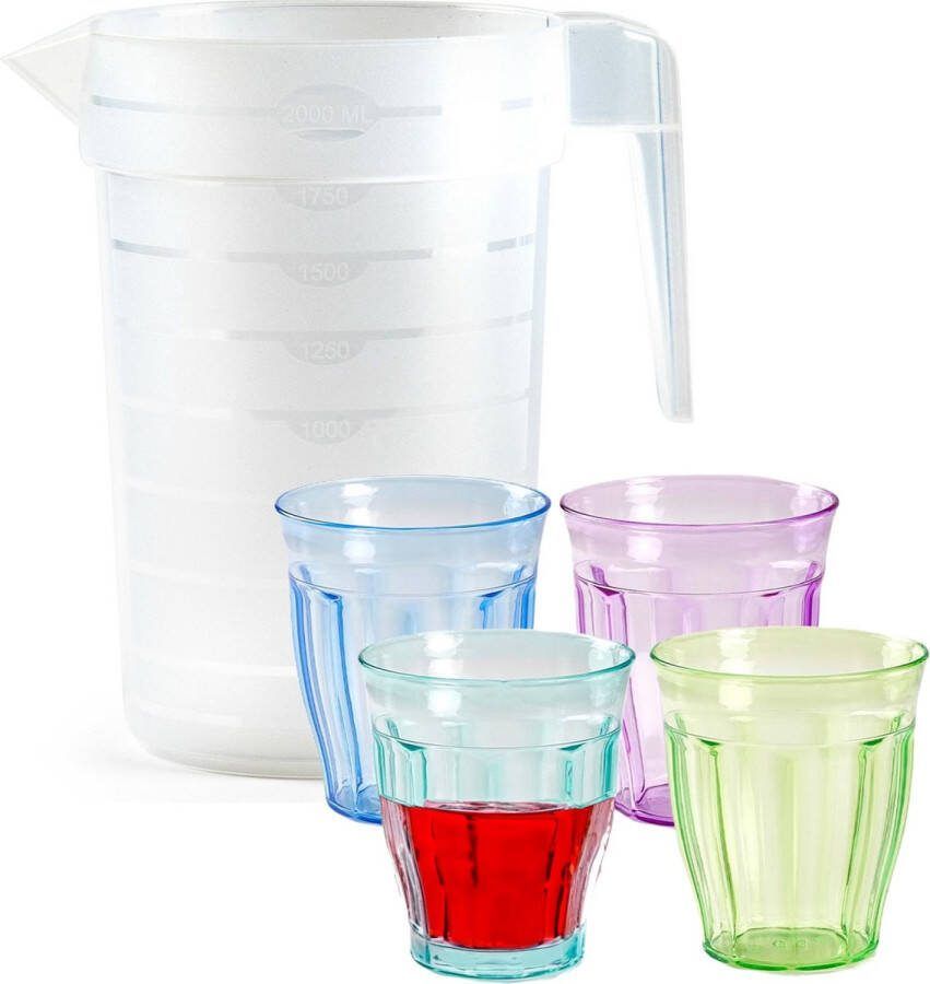 PLASTICFORTE Waterkan schenkkan met glazen set kunststof onbreekbaar karaf 2 liter 12x glazen van 250 ml bpa vrij