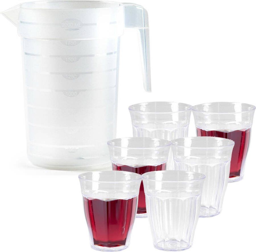 PLASTICFORTE Waterkan schenkkan met glazen set kunststof onbreekbaar karaf 2 liter 12x glazen van 250 ml bpa vrij