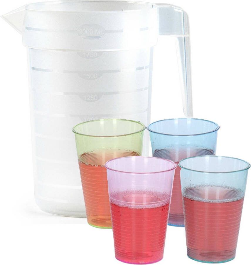 PLASTICFORTE Waterkan schenkkan met glazen set kunststof onbreekbaar karaf 2 liter 12x glazen van 250 ml bpa vrij