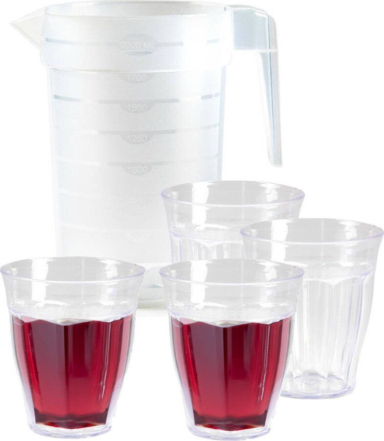 PLASTICFORTE Waterkan schenkkan met glazen set kunststof onbreekbaar karaf 2 liter 6x glazen van 250 ml bpa vrij