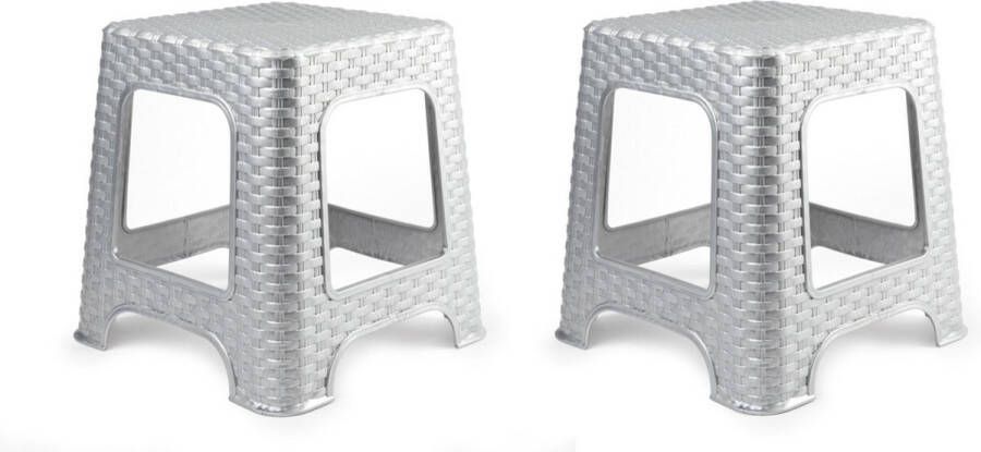 PLASTICFORTE zit krukje 2x Rotan line zilvergrijs kunststof 32 x 32 x 30 cm kinder krukjes