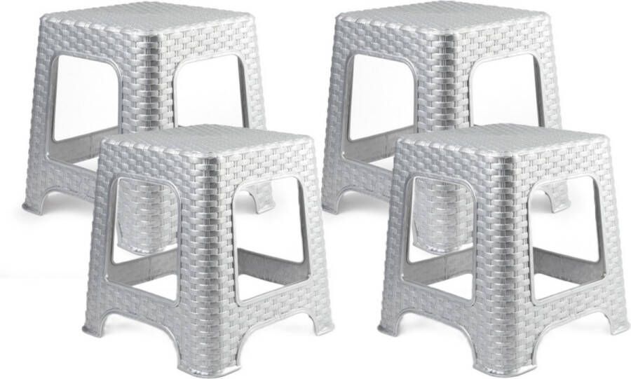 PLASTICFORTE zit krukje 4x Rotan line zilvergrijs kunststof 32 x 32 x 30 cm kinder krukjes