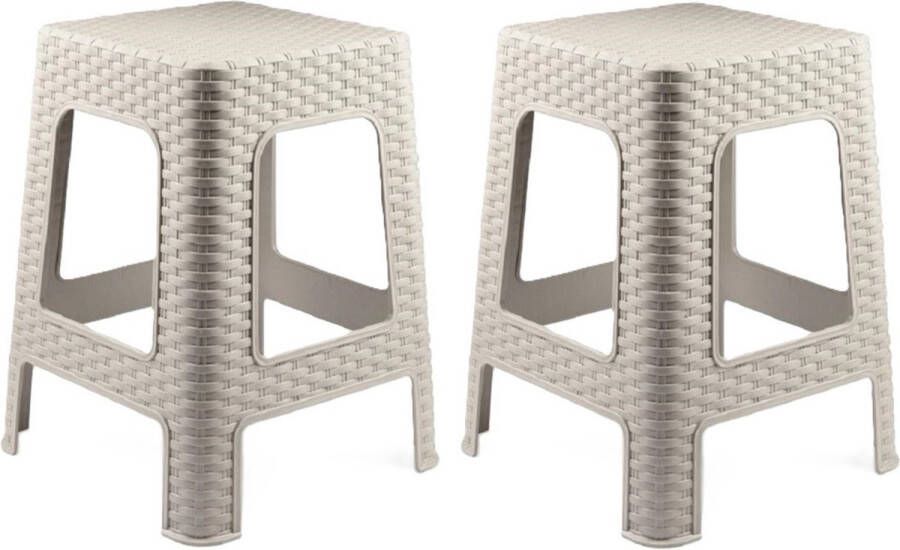 PLASTICFORTE zit bijzet krukje 2x Rotan line beige kunststof 28 x 28 x 45 cm opstapje