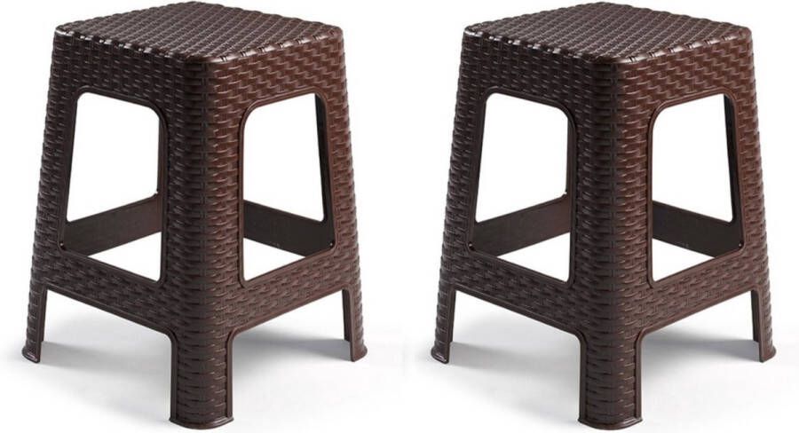 PLASTICFORTE zit bijzet krukje 2x Rotan line donkerbruin kunststof 28 x 28 x 45 cm opstapje