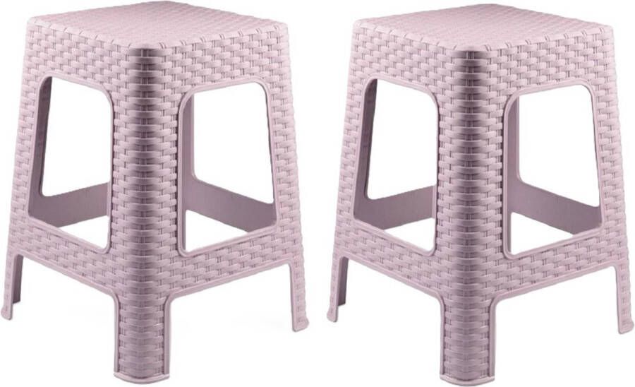 PLASTICFORTE zit bijzet krukje 2x Rotan line roze kunststof 28 x 28 x 45 cm opstapje
