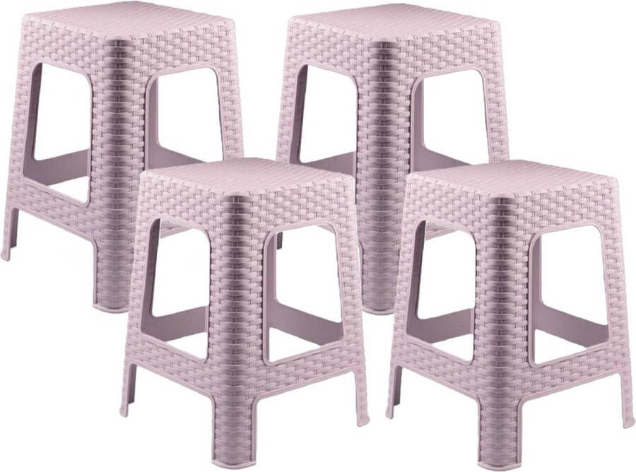 PLASTICFORTE zit bijzet krukje 4x Rotan line roze kunststof 28 x 28 x 45 cm opstapje
