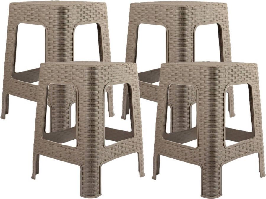 PLASTICFORTE zit bijzet krukje 4x Rotan line taupe kunststof 36 x 36 x 45 cm opstapje