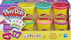 Thystoys Play-doh 6 Potjes Glitter Boetseerklei En 2 Accessoires Elk 56 G