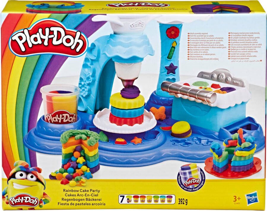 Play-Doh regenboogtaartenfeest speelset met 7 niet-giftige kleuren en 3-in-1 regenboogklei