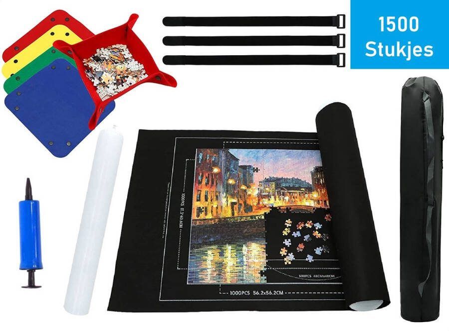 PLAY-IT Puzzelmat XL 1500 stuks Oprolbaar Inc. Opbergtas Pomp & Puzzel Bakjes