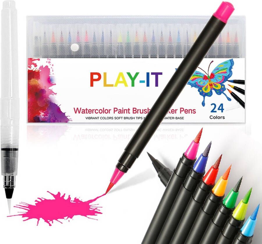 PLAY-IT Stiften 24 kleuren + 1 Waterbrushstift Penseel Stiften Twinmarkers Moederdag cadeautje