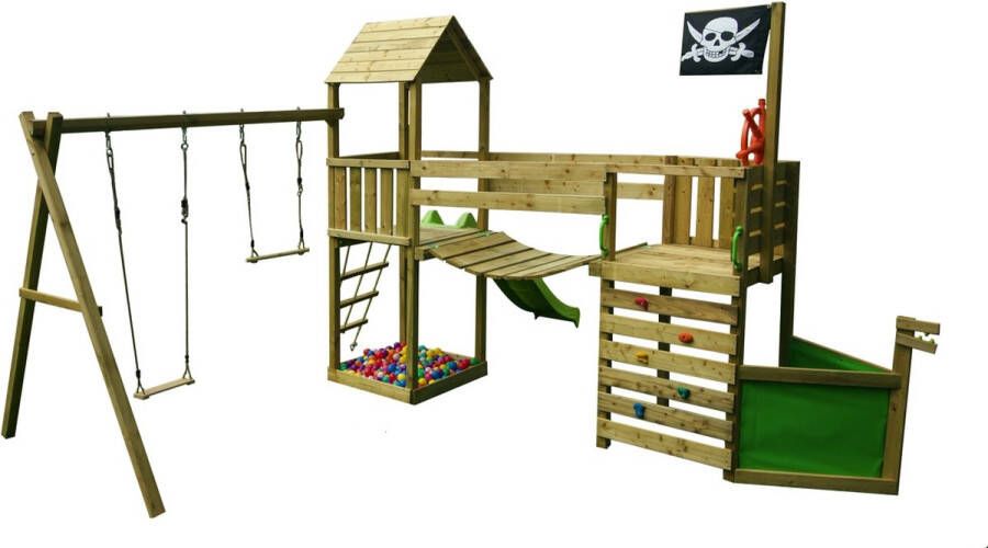 Play 'n Wood Play n Wood dubbele speeltoren met hangbrug en piratenboot Viking