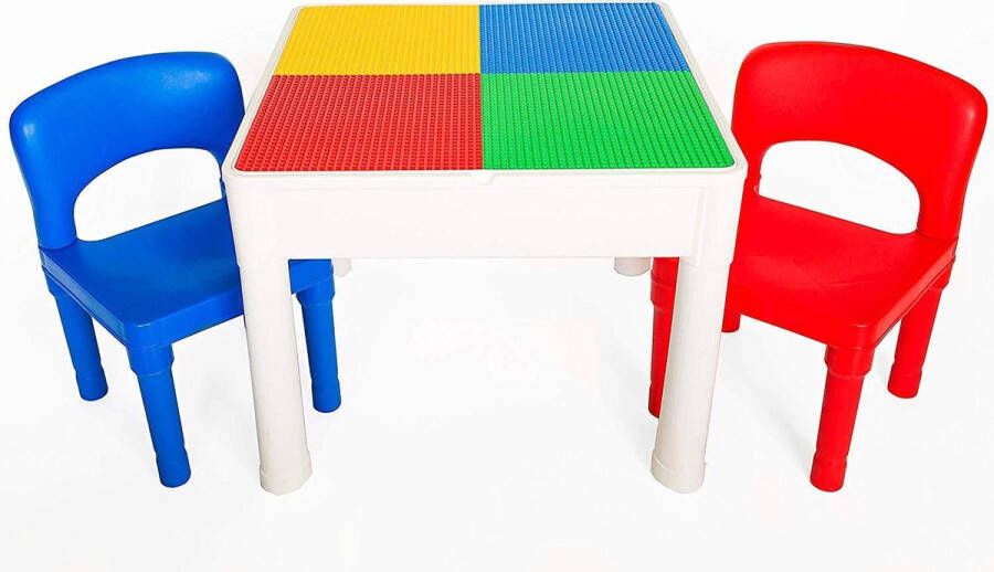 PlayBuild Play&Build 4 in 1 Tafel set Kindertafel en Stoelen Sets voor binnenactiviteiten buitenspelen speelgoedopslag & bouwsteenplezier Inclusief 2 peuterstoelen wit