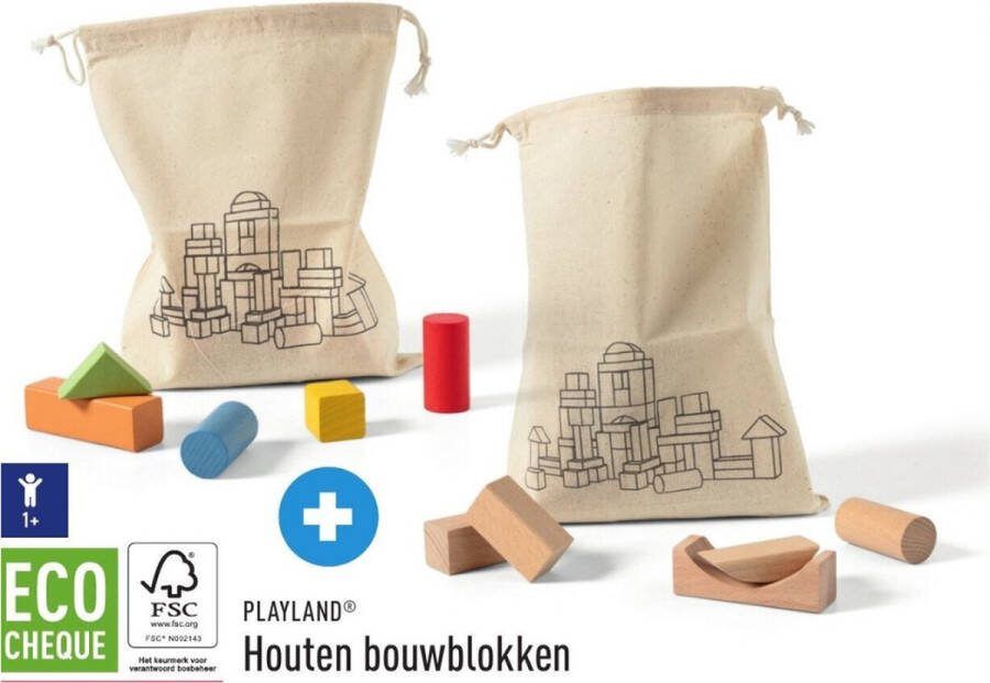 Playland Houten bouwblokken met stoffen zak 51 delig