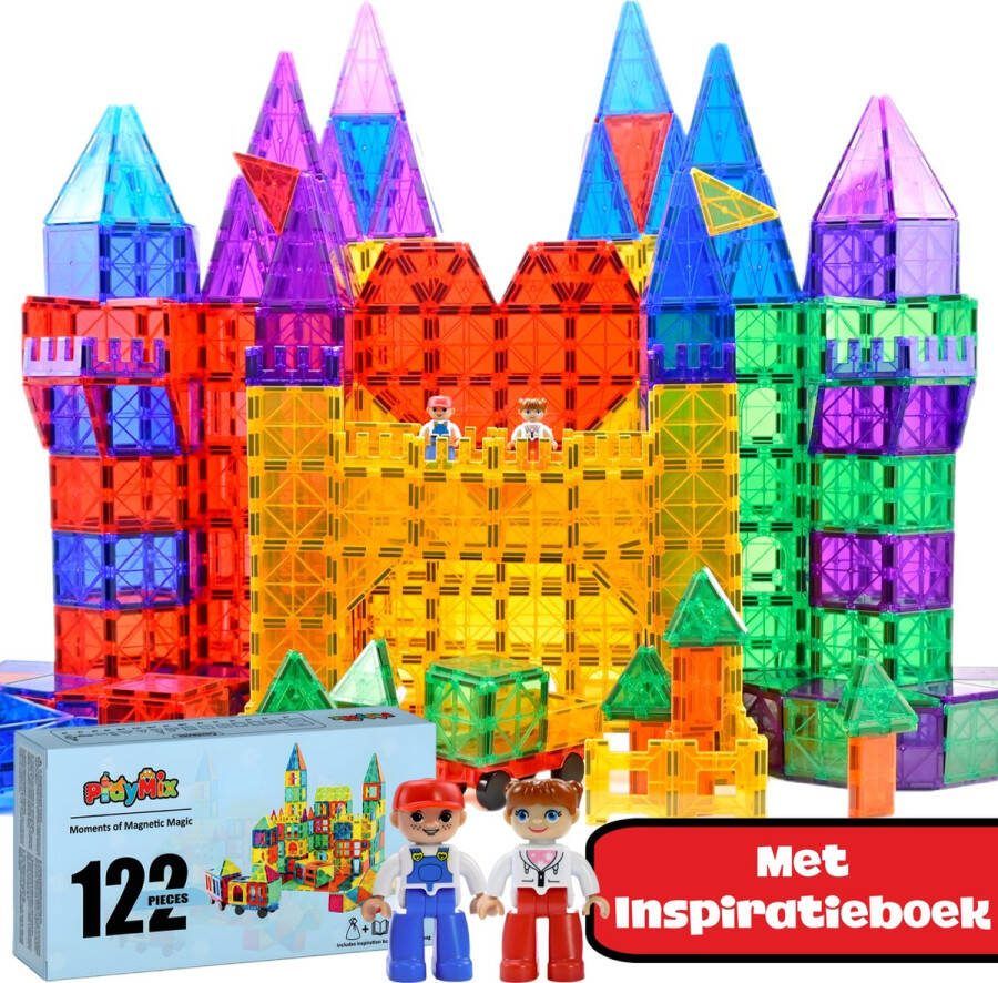 PlayMix Magnetisch Speelgoed Magnetic Tiles Bouwspeelgoed 122 Stuks Bouwblokken Magneten Speelgoed Magnetische Tegels Magna Bouwstenen Montessori Speelgoed Educatief Speelgoed Jongens & Meisjes Sinterklaas