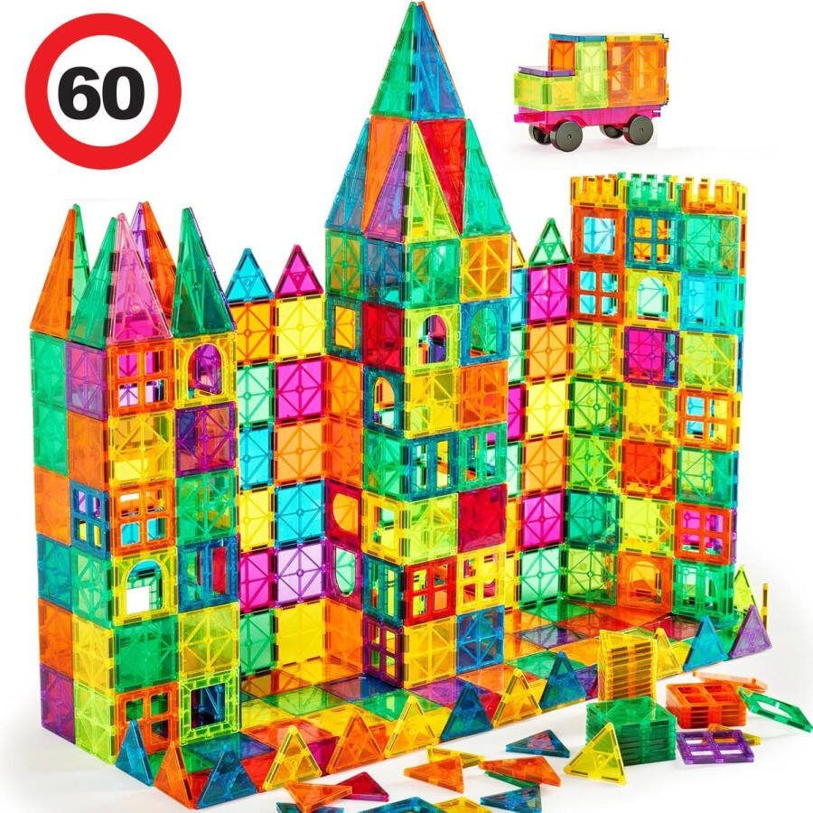 PlayNetix Magnetisch speelgoed 60 stuks GLOW – Magnetic tiles – Bouwspeelgoed montessori – Magna – bouwstenen Bouwblokken Educatief magnetische tegels – magneet speelgoed – Sinterklaas Jongens & Meisjes 3 jaar t m 12 jaar