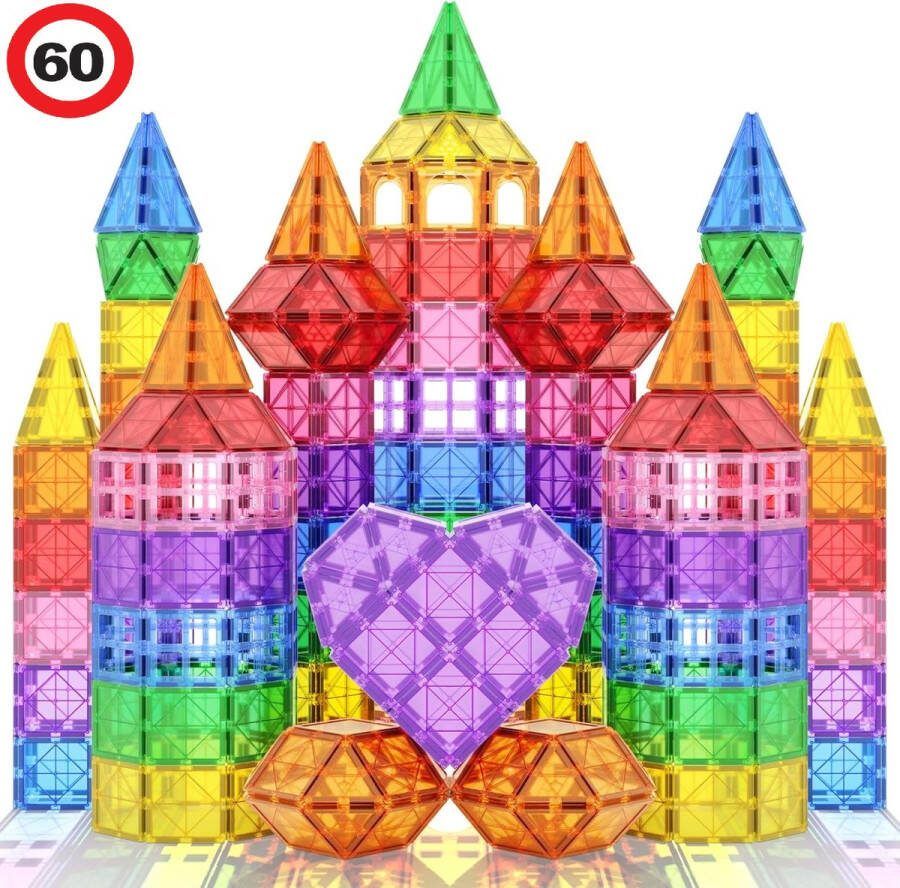 PlayNetix Magnetisch speelgoed 60 stuks – Magnetic tiles – Bouwspeelgoed montessori – Magna – bouwstenen Bouwblokken Educatief magnetische tegels – magneet speelgoed – Sinterklaas Jongens & Meisjes 3 jaar t m 12 jaar