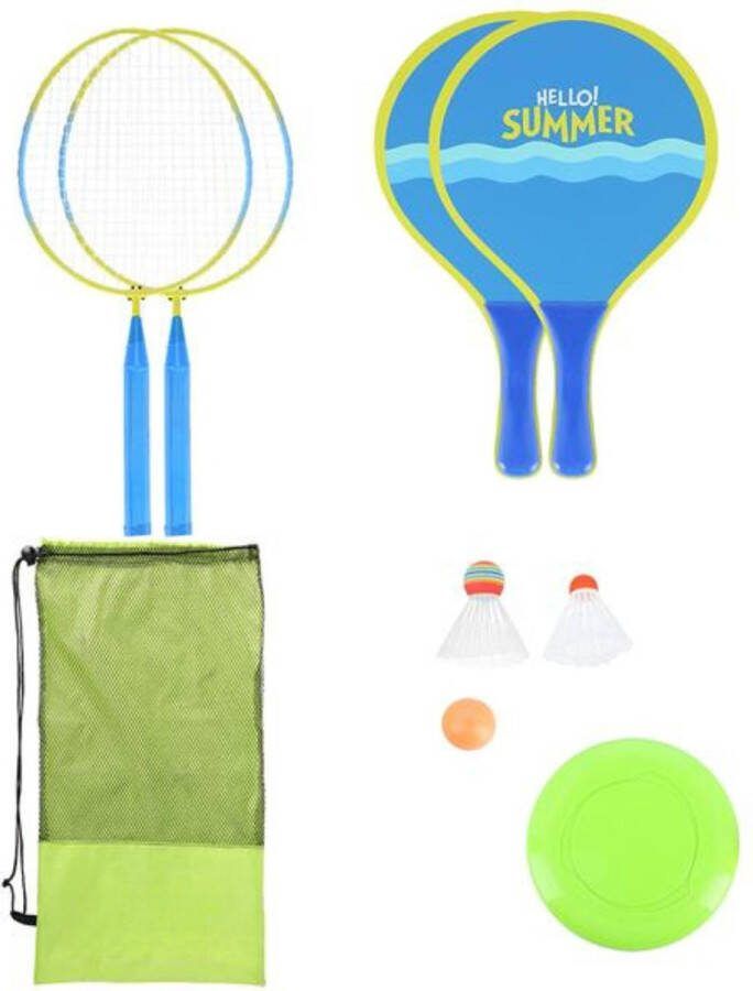 Playos Beachball Set 3 in 1 Blauw Geel met Shuttles Inclusief Balletje Frisbee Tennis Badminton Strandspeelgoed Zand Speelgoed Buitenspeelgoed Vakantie Speelgoed