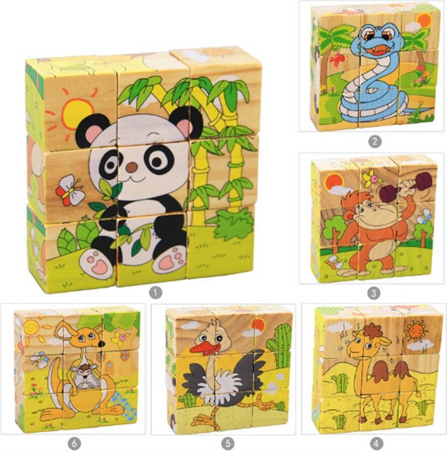 Playos Blokpuzzel 9 Blokken Safari Dieren Educatief Speelgoed Dieren Safari Kubus Puzzel Houten Puzzel