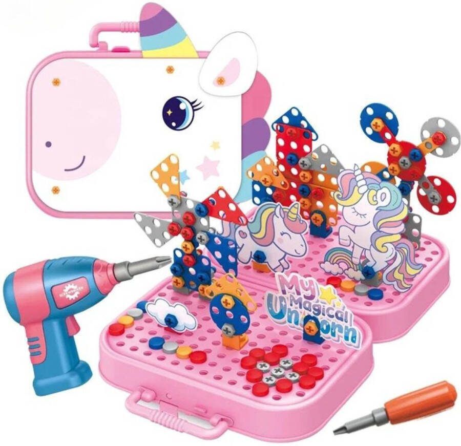 Playos Constructiespeelgoed Eenhoorn Roze 227 Delig met Elektrische Schroevendraaier Speelgoedkoffer Met schroevendraaier Patronen Bouwen Bouw Speelgoed Montessori Speelgoed Educatief Speelgoed