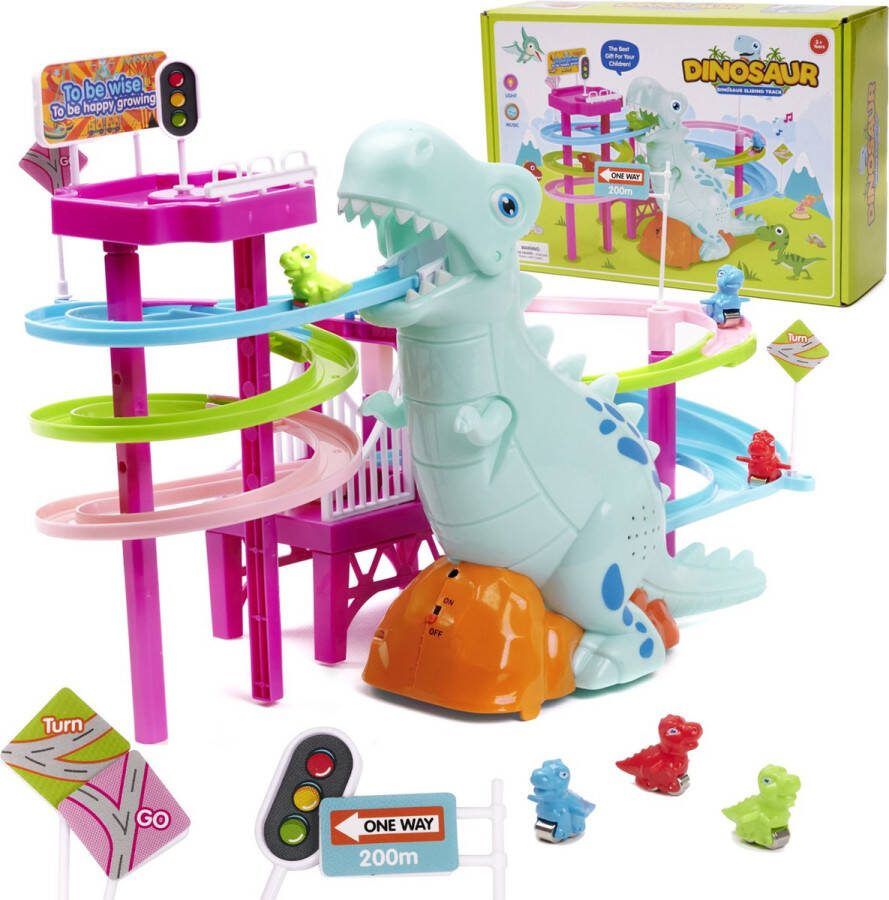 Playos Dinosaurus Racebaan Dinosaurus Track met Geluid en Licht Racebaan Speelgoedauto Speelgoed Auto Autobaan