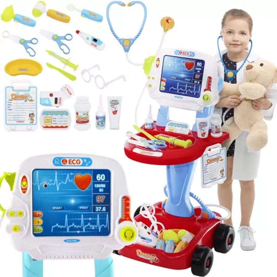 Playos Dokters Trolley met 18 Accessoires Blauw Rood Rollenspel Speelgoed Dokterstrolley Dokter Speelgoed Kinderen Jongens en Meisjes Rollenspel Speelgoed