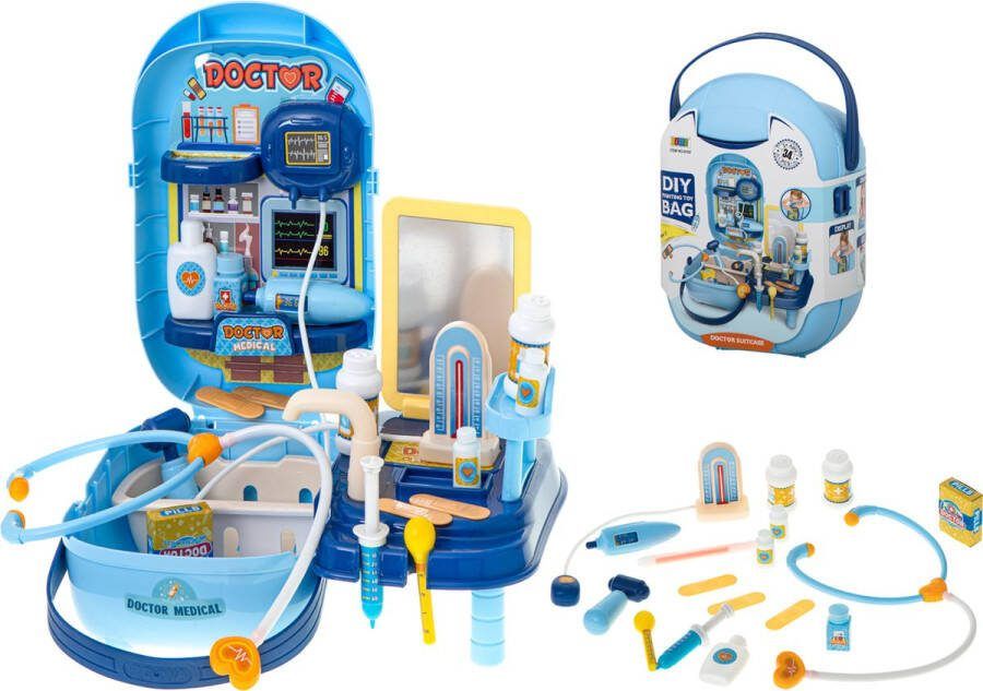 Playos Doktersset Speelgoed 34 delig in Koffer met Tafel Blauw Accessoires Dokter Set Speelgoed Dokter Dokterskoffer Rollenspel Speelgoed Educatief Speelgoed Montessori Speelgoed