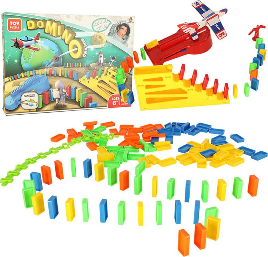 Playos Domino met Vliegtuig Launcher met 126 stenen Vliegtuigen Dominostenen Speelgoedvliegtuig Bouwblokken Educatief Speelgoed