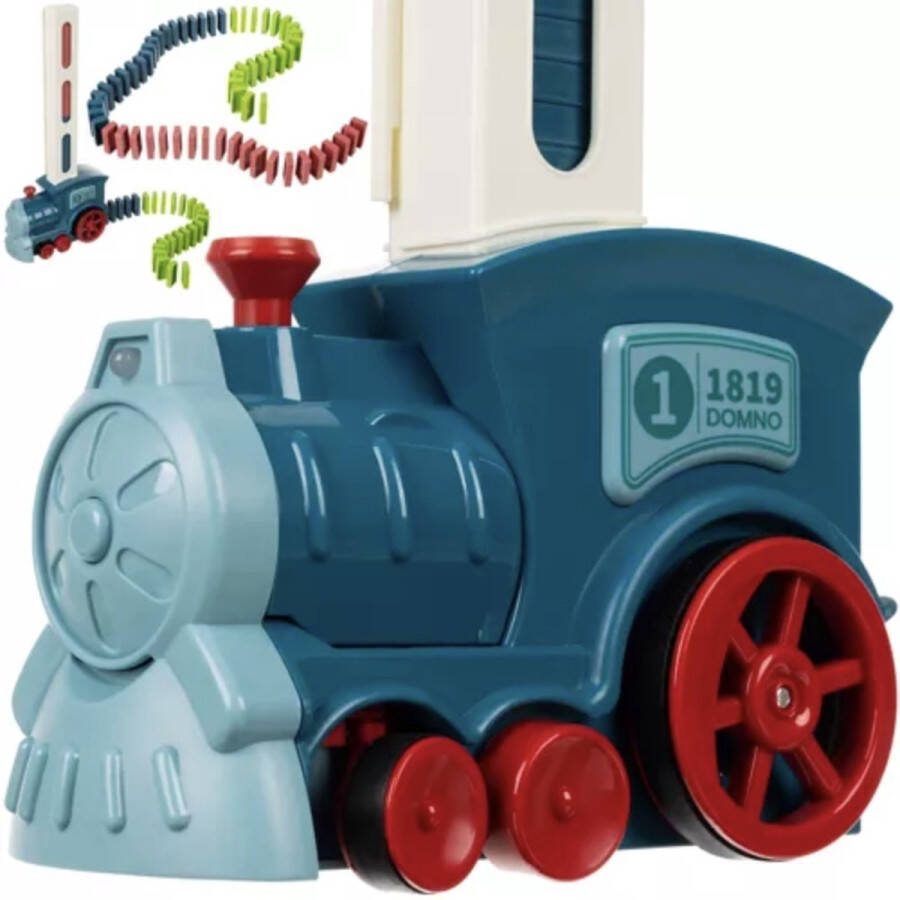 Playos Domino Trein Blauw met 60 stenen Locomotief Domino Stapelaar Dominostenen Speelgoedtrein Bouwblokken Automatisch Domino Bouwen Educatief Speelgoed