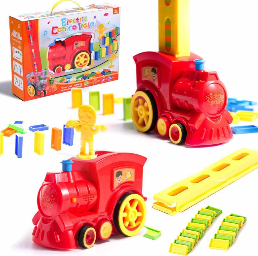 Playos Domino Trein Rood met 80 stenen Locomotief Licht en Geluid Domino Stapelaar Dominostenen Speelgoedtrein Bouwblokken Automatisch Domino Bouwen Educatief Speelgoed