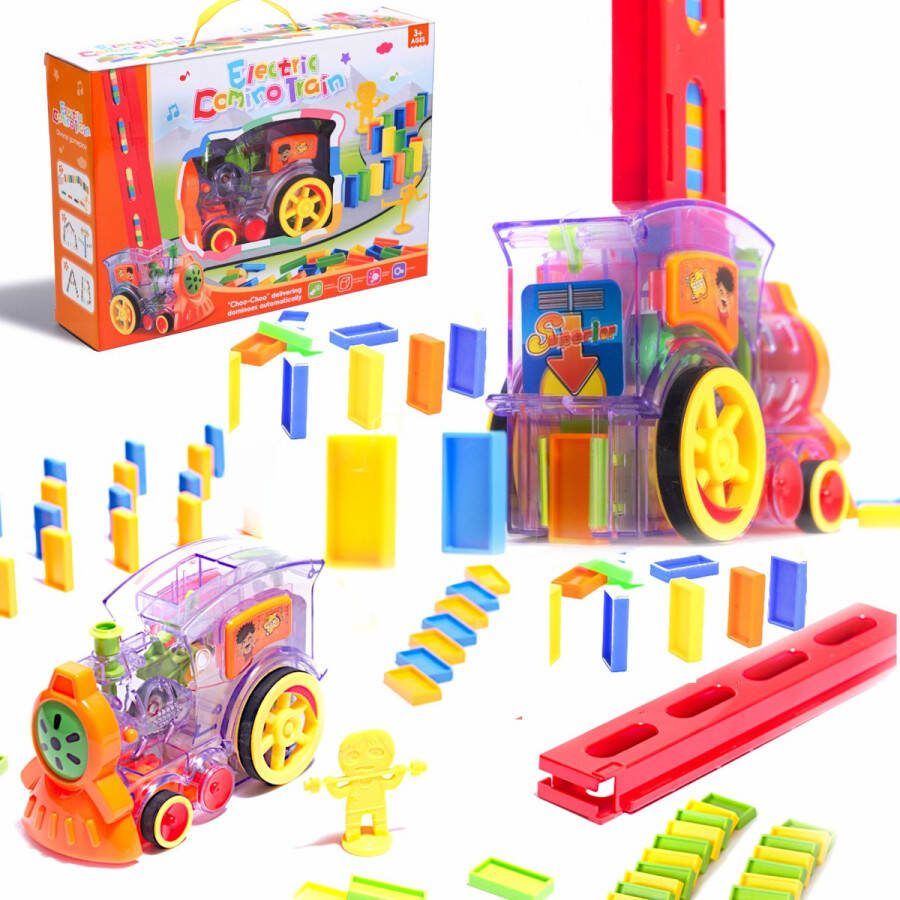 Playos Domino Trein Transparant met 80 stenen Locomotief Licht en Geluid Domino Stapelaar Dominostenen Speelgoedtrein Bouwblokken Automatisch Domino Bouwen Educatief Speelgoed