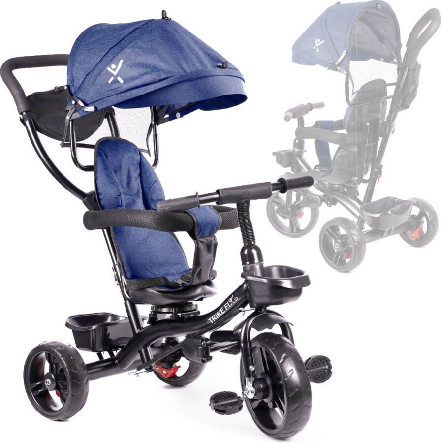 Playos Driewieler Duwfiets Blauw tot 50 kg Draaibare Stoel Zonnescherm 1 tot 5 jaar Multifunctioneel Kinderwagen Tricycle Fiets met Duwstang