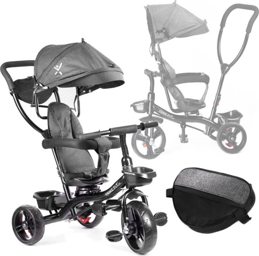 Playos Driewieler Duwfiets Grijs tot 50 kg Draaibare Stoel Trike Lite Zonnescherm 1 tot 5 jaar Multifunctioneel Kinderwagen Tricycle Fiets met Duwstang