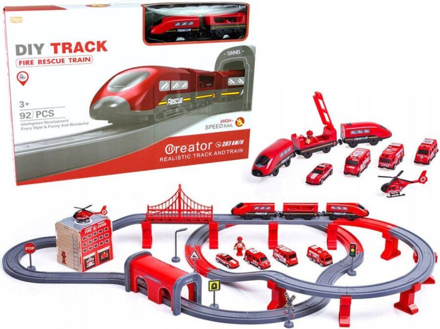 Playos Elektrische Trein Rood Brandweer tot 203 km uur 92 delig met 5 Voertuigen Speelgoedvoertuig Voertuigen Jongens en Meisjes Treinbaan