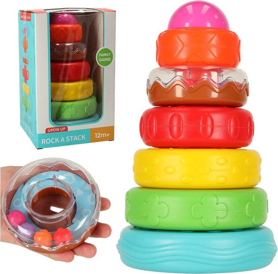 Playos Gekleurde Stapeltoren 7 delig Grote Kleurenringpiramide Rammelaar met Reliëf Vormen Leren Stapelringen- Rainbow Tower Baby Stapelringen