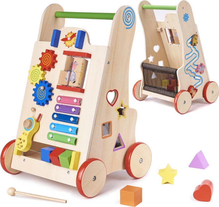 Playos Houten Loopwagen 6 in 1 Looptrainer met Antislip Wielen Educatieve Looptrainer Babywalker Educatief Speelgoed Leren Lopen Loopwagen Babyspeelgoed Busy Board Sorteer Speelgoed
