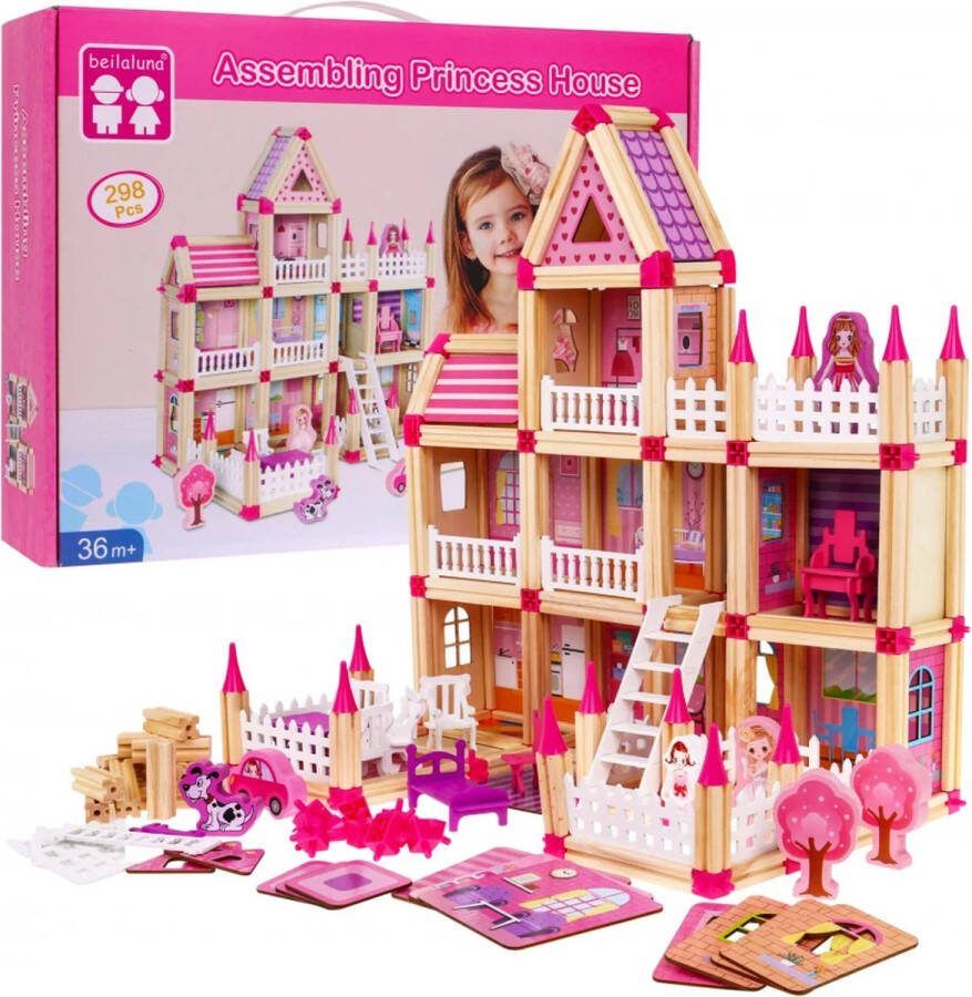 Playos Houten Poppenhuis Bouwblokken 298 Delig Roze 36+ maanden Blokken Prinsessen Roze Doos