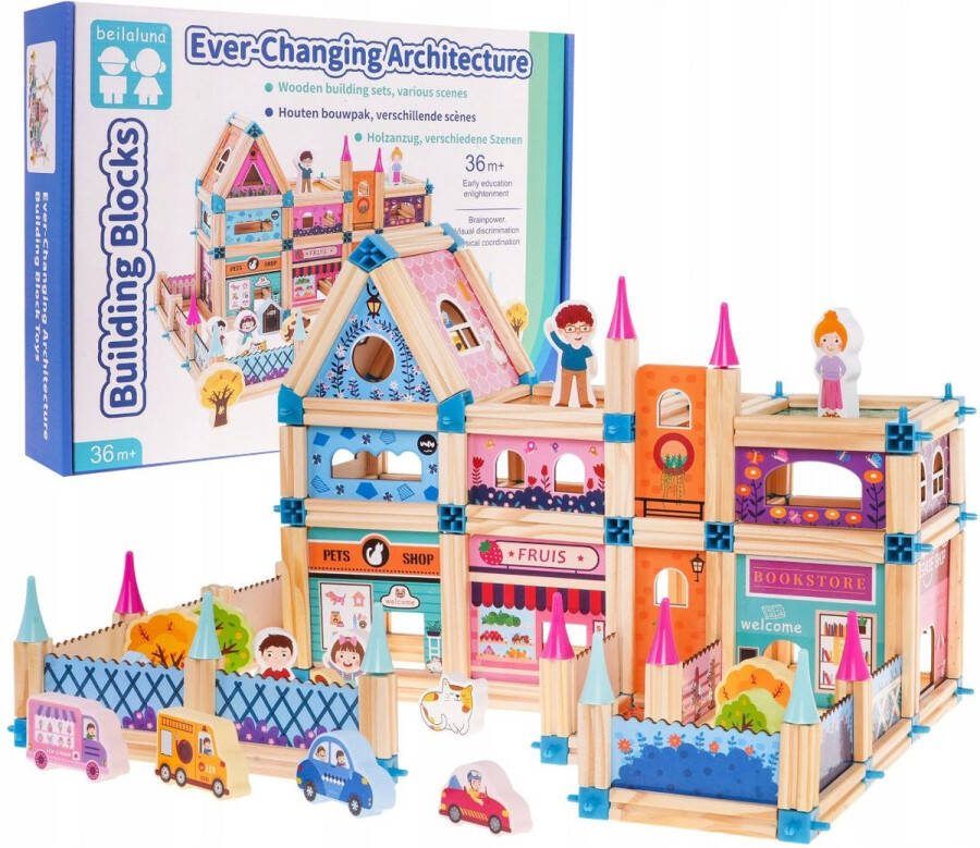 Playos Houten Poppenhuis Princessen Bouwblokken 278 Delig Roze 36+ maanden Blokken Blauwe Doos
