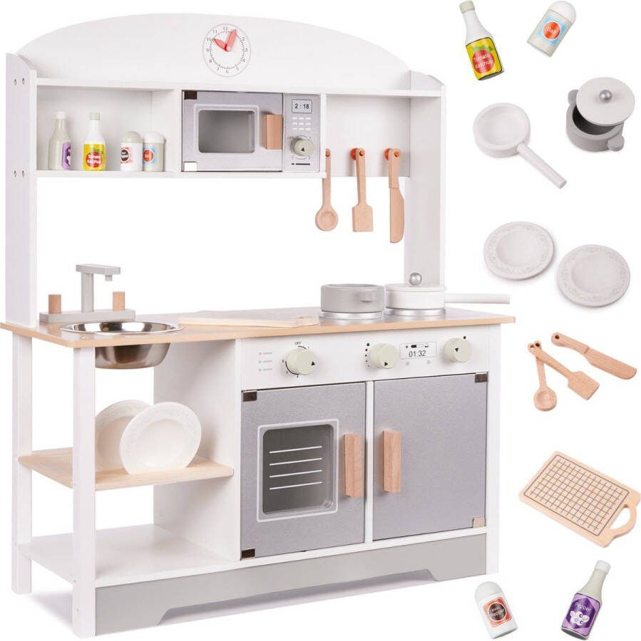 Playos Houten Speelkeuken Wit Grijs Inclusief Accessoires 68 x 25.5 x 82 cm Kinderkeuken Speelgoed Keukentje Rollenspel Speelgoed Educatief