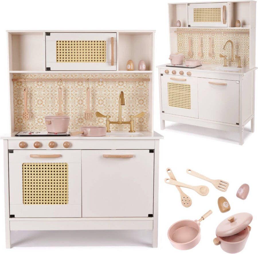 Playos Houten Speelkeuken Wit Roze Inclusief Accessoires 68 x 29 x 100 cm met Licht en Geluid Kinderkeuken Speelgoed Keukentje Rollenspel Speelgoed Educatief