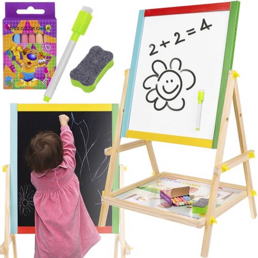 Playos Krijtbord en Whiteboard 66 cm met Marker Wisser en Krijtjes Houten Tekenbord Speelbord Educatief Speelgoed -Schoolbord Kinderen Magneetbord Creatief