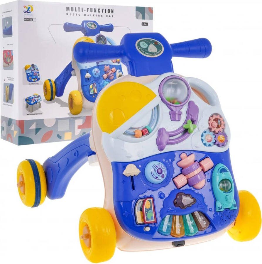 Playos Looptrainer en Tafel 3 in 1 met Licht en Geluid Blauw Beige Educatief Babyspeelgoed Loopwagen Leren Lopen Baby Walker Looptrainer