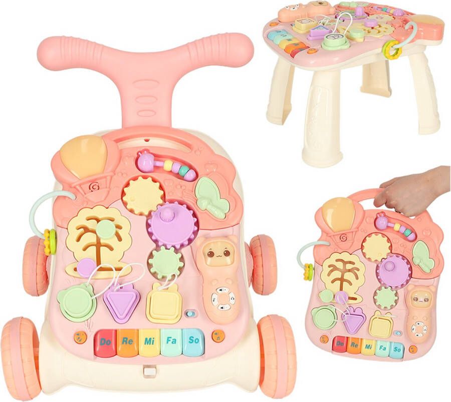 Playos Looptrainer en Tafel 3 in 1 Roze met Geluid Educatief Babyspeelgoed Loopwagen Leren Lopen Baby Walker Looptrainer