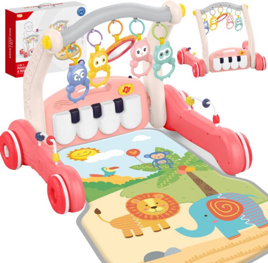 Playos Loopwagen en Babygym 2 in 1 Roze Safari Babygym met Piano 76 x 49x 41 5 cm Babymat Baby Speelmat Interactief Speelkleed Baby's Baby Speelgoed Interactieve Speelkleed