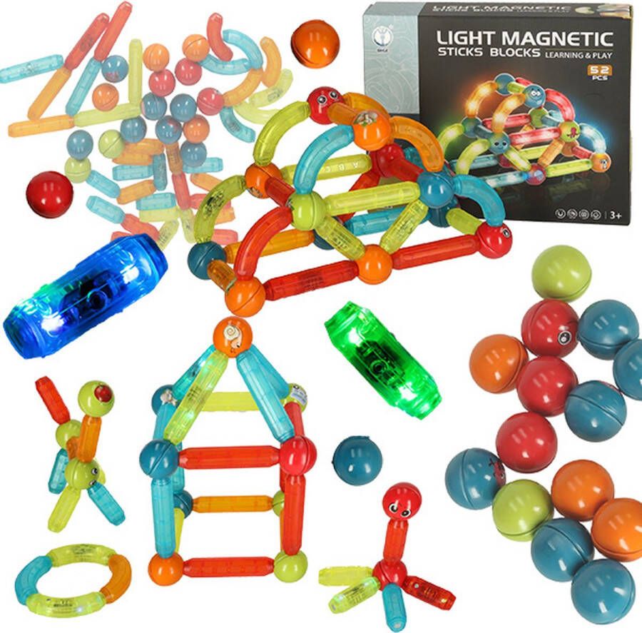 Playos Magnetische Staafjes 52 delig met LED Verlichting Constructiespeelgoed STEM Speelgoed Montessori Speelgoed Magnetische Bouwblokken Constructie Speelgoed Educatief Speelgoed