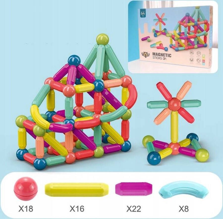 Playos Magnetische Staafjes 64 delig Constructiespeelgoed STEM Speelgoed Montessori Speelgoed Magnetische Bouwblokken Constructie Speelgoed Educatief Speelgoed Magnetic Toys Educatief Speelgoed Magnetische Staven Magnatic Sticks